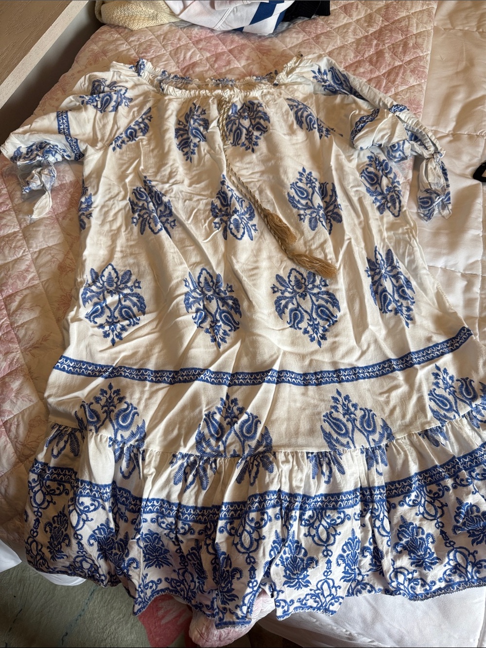 White Dress with Blue Floral Print